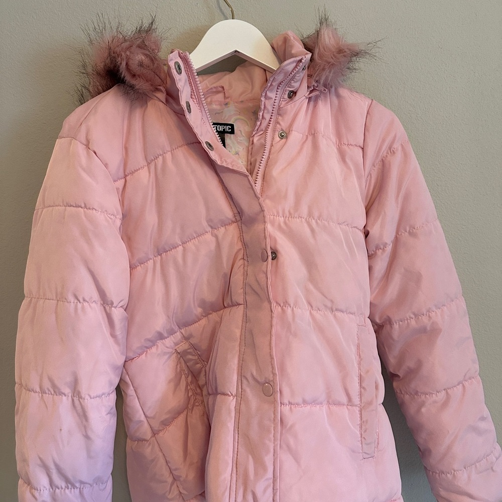 Pink Faux Fur Hood Puffy Girls Jacket